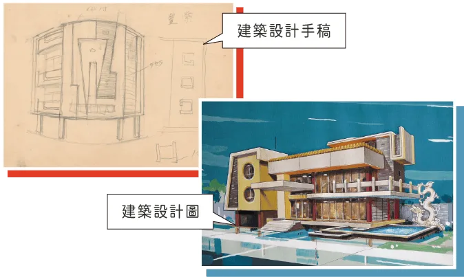 兩張圖：建築設計手稿、建築設計圖
